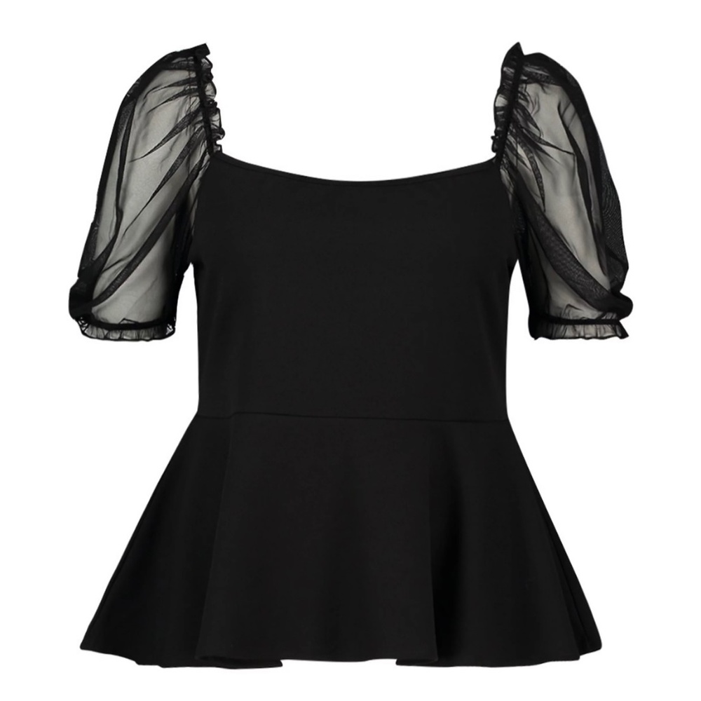 Plus Mesh Puff Sleeve Peplum Top